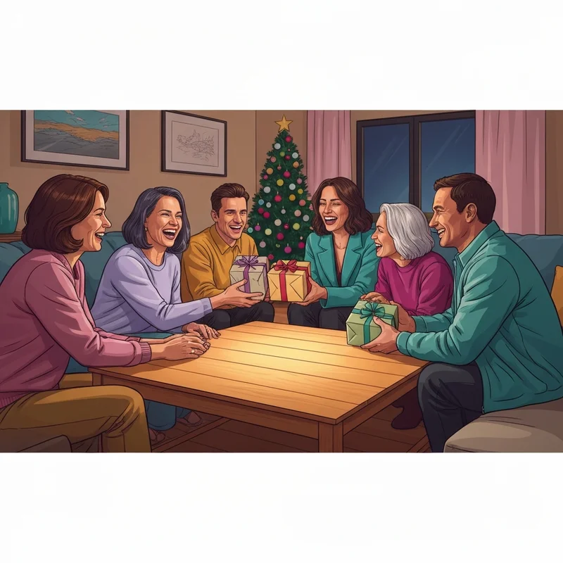 A group of friends laughing while exchanging a thoughtful christmas gift for friends in a cozy apartment setting.