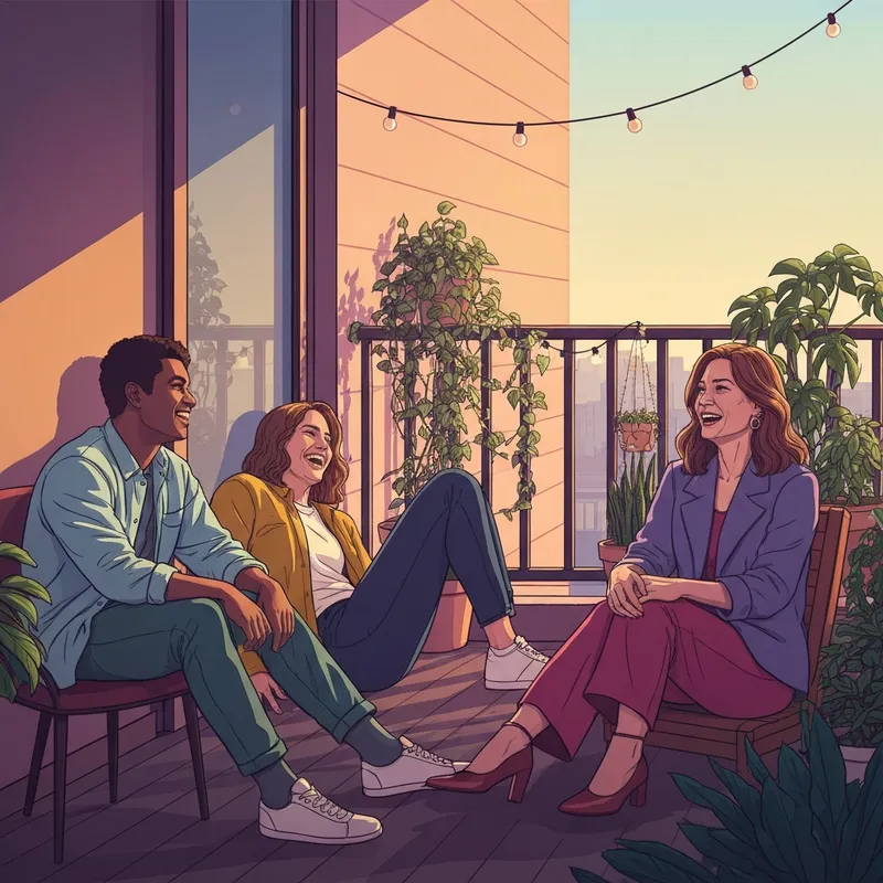 A group of young adults engaging in meaningful stuff to talk about with friends on a balcony.