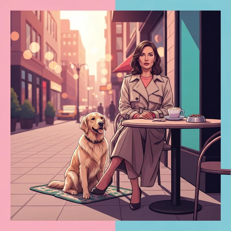 A woman enjoying a coffee at one of the top pet friendly places near me with her dog.