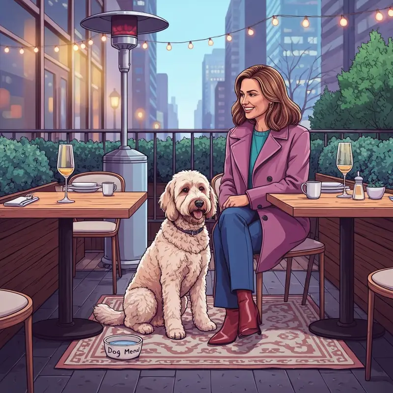 A woman and her pet enjoying one of the many dog friendly restaurants nyc in a heated outdoor patio setting.