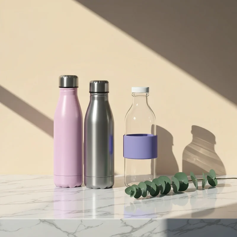 A collection of earth friendly water bottles in a modern, sunlit kitchen setting.