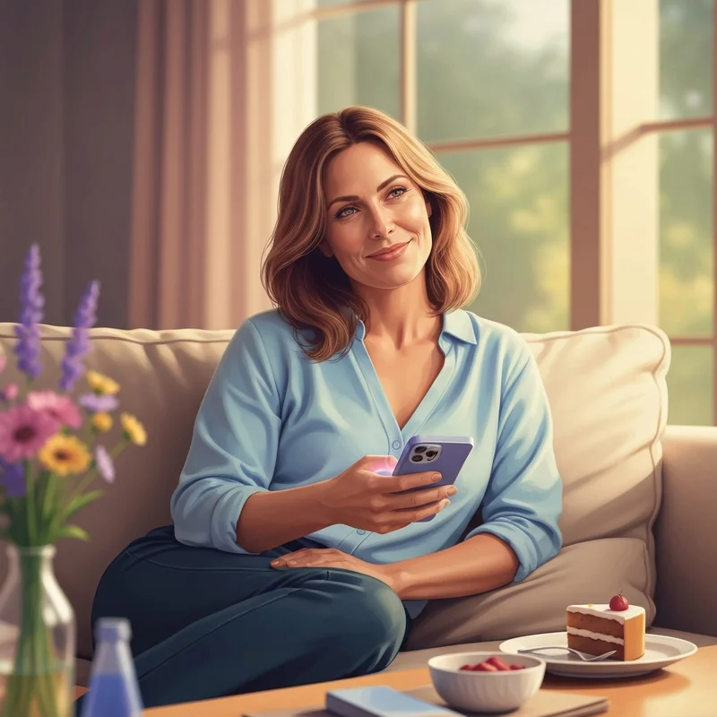 A woman comfortably sitting on a couch while drafting a birthday thank you message for family and friends on her phone.