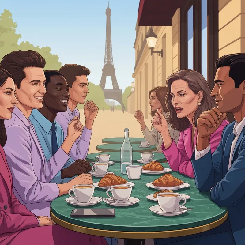 A group of friends at a Parisian cafe discussing our friend in french with laughter and joy.