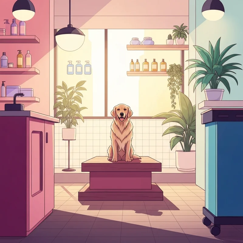 A luxurious pet spa setting designed for best friends grooming with a happy dog.