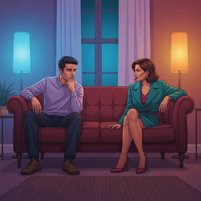 Two young friends sitting on a couch navigating the complexities of straight friends experimenting in a dimly lit room.