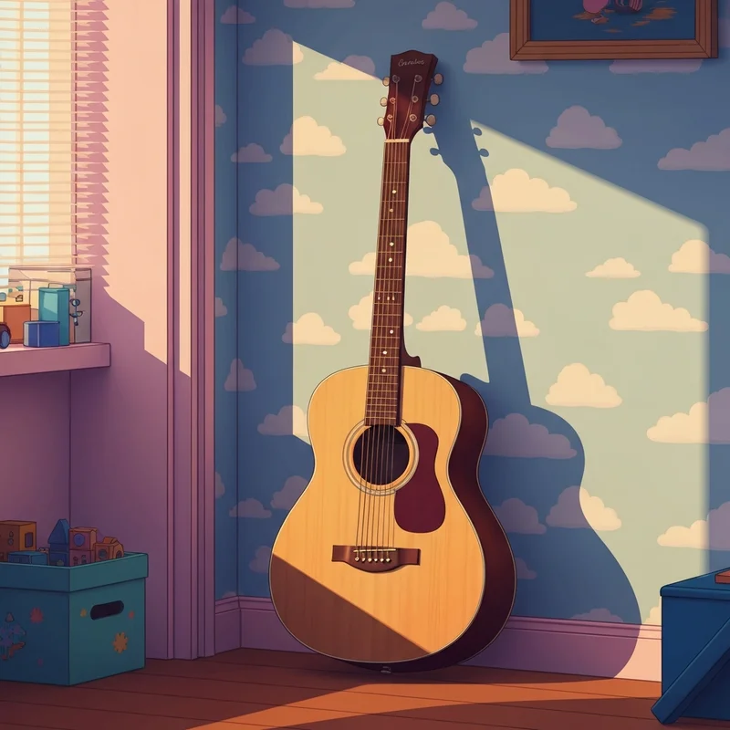 Close-up of a hand playing the guitar chords you've got a friend in me on an acoustic guitar.