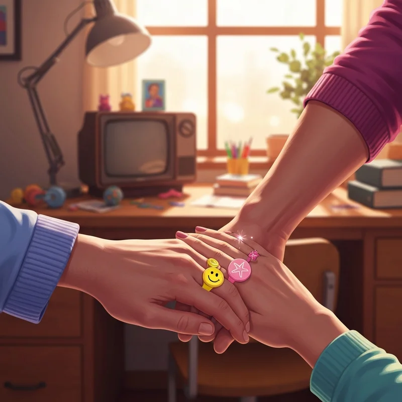 Two friends wearing a spongebob best friends forever ring in a nostalgic room.