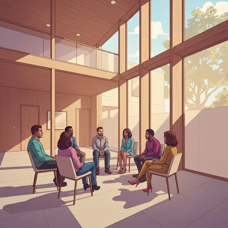 A peaceful community gathering at a Friends Church California campus showing diverse young adults in a sunlit sanctuary.