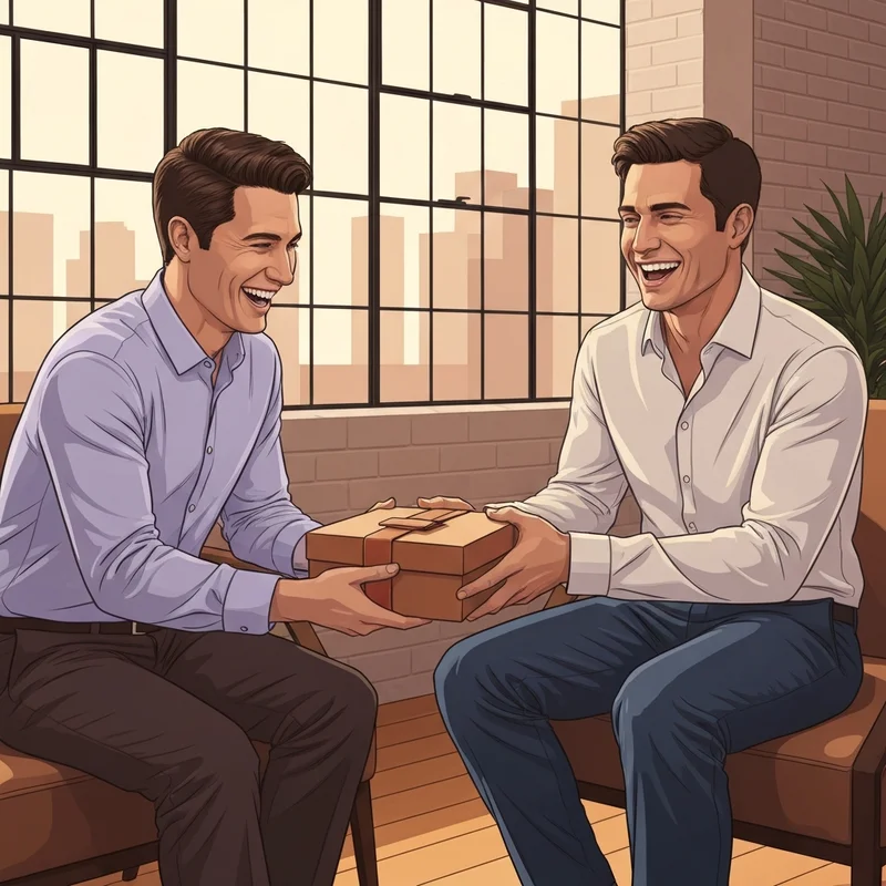 Two young men sharing a meaningful moment while exchanging gifts for guy best friend in a modern setting.