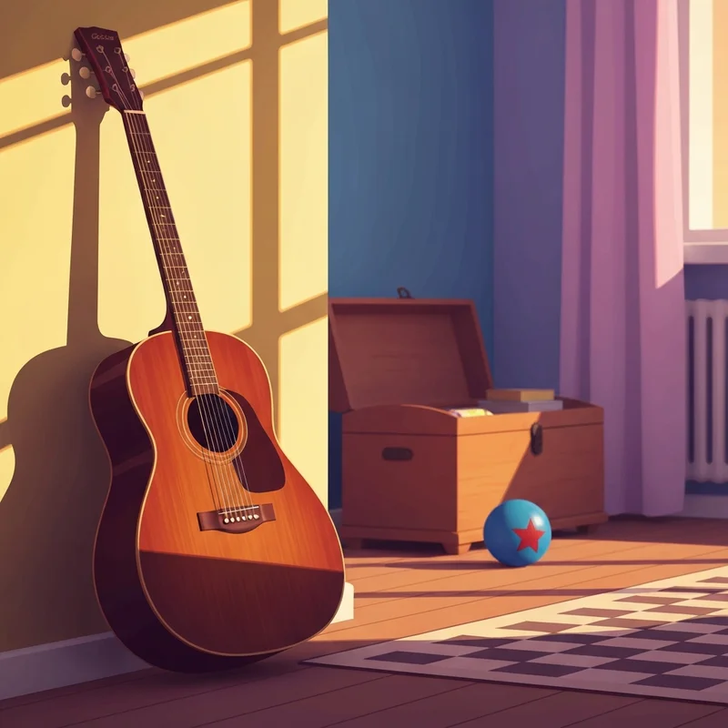 A vintage acoustic guitar in a nostalgic room, perfect for playing the youve got a friend in me chords.
