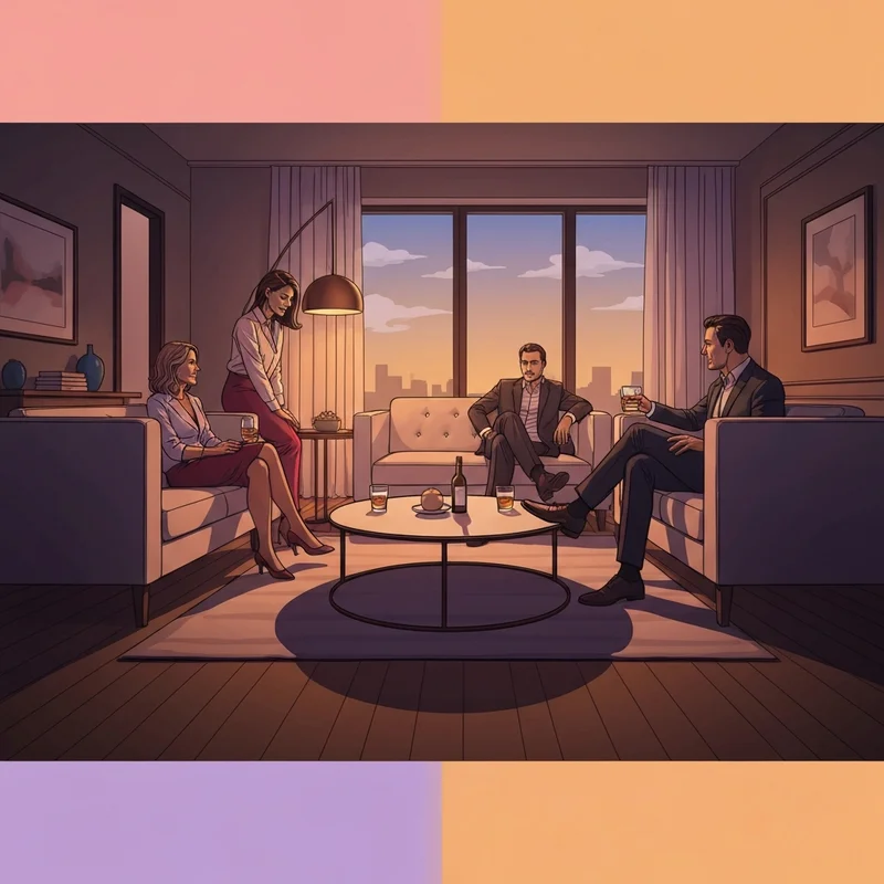 A sophisticated social gathering exploring the subtle tension of a hotwife with friends dynamic.