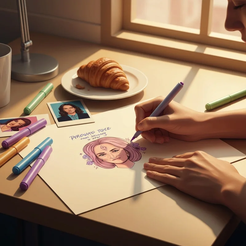 A person creating a meaningful drawing for a friend on a cozy, aesthetic desk with markers and polaroids.