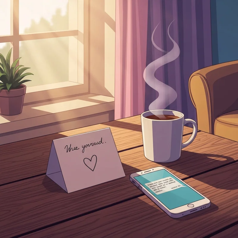 A cozy scene showing get well wishes for a friend on a handwritten card and phone.