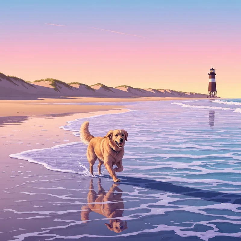 A happy dog running on the sand at dog friendly beaches cape cod during a beautiful sunrise.