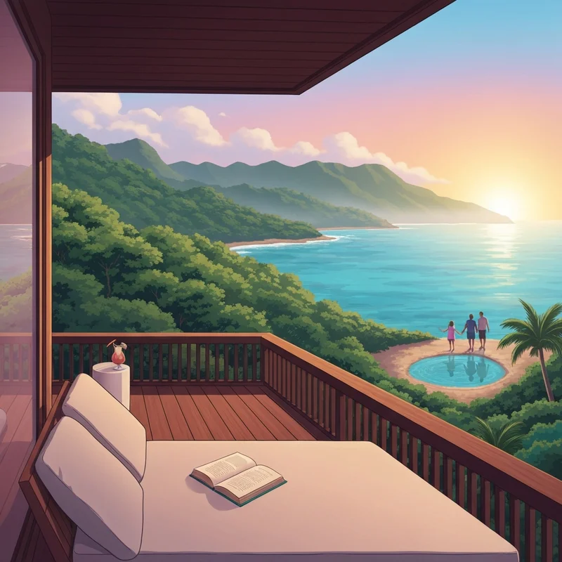 A serene view of luxury family friendly resorts in costa rica featuring a rainforest canopy and a peaceful beach sunset.