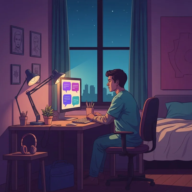 A young adult sitting at a computer learning how to make friends on discord reddit in a cozy room.