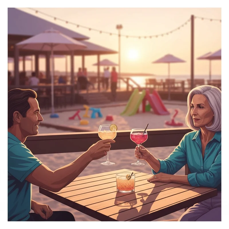 A vibrant deck at one of the many family friendly restaurants myrtle beach with a play area and parents relaxing.