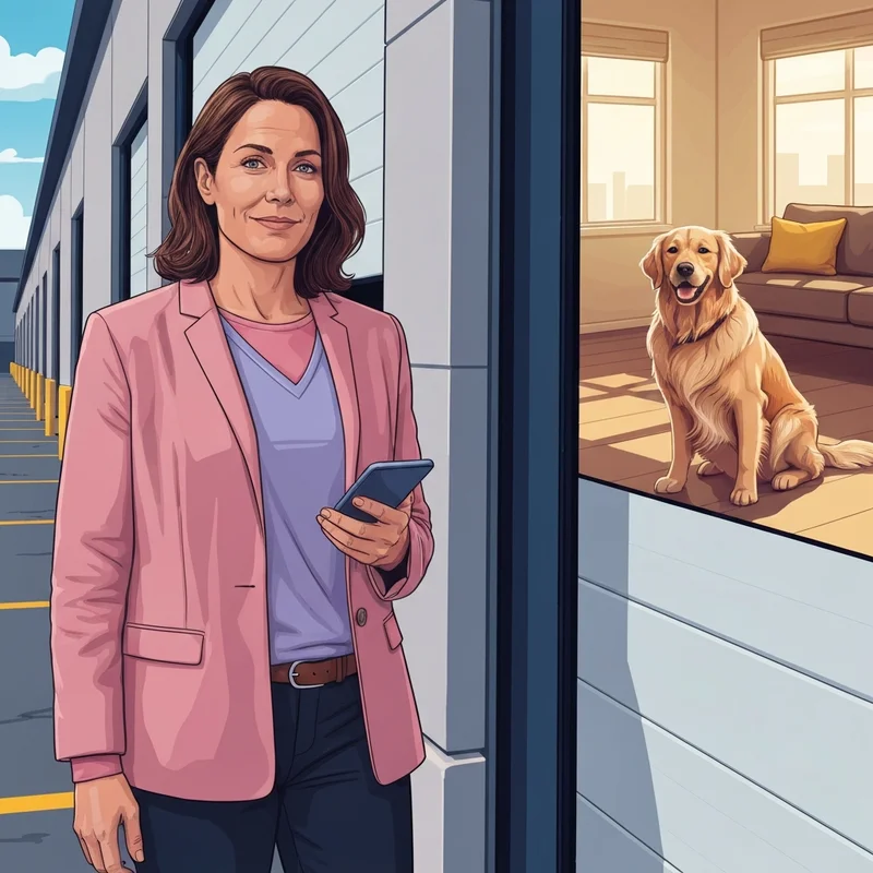 A woman checking if is Costco pet friendly on her phone before entering a warehouse.