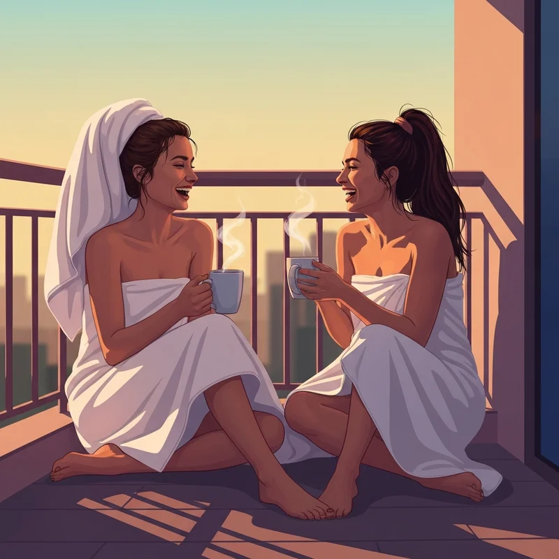 Two best friends naked of their social masks, sitting together in towels and laughing, representing platonic trust and vulnerability.