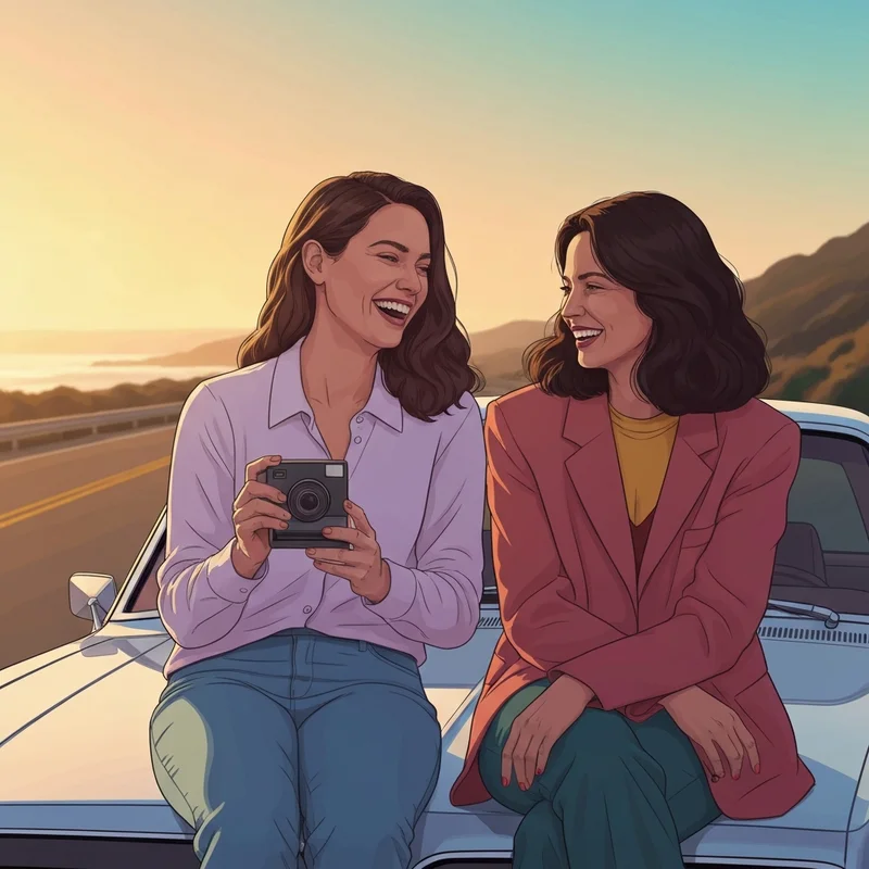 Two best friends laughing together during a sunset road trip, illustrating the joy of national best friends day quotes and genuine connection.