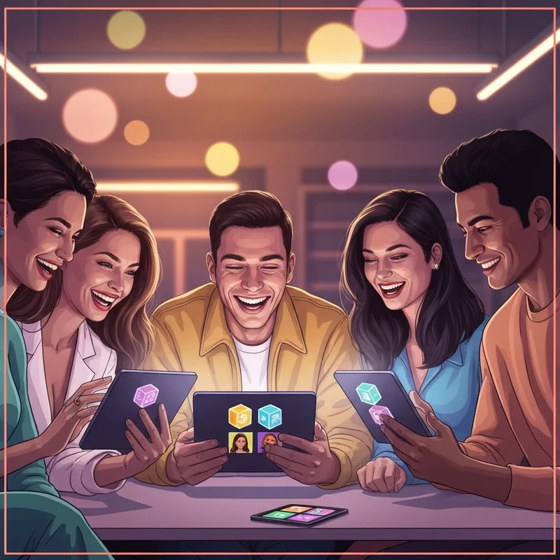 A group of friends laughing while learning how to give robux to friends in a neon-lit room.