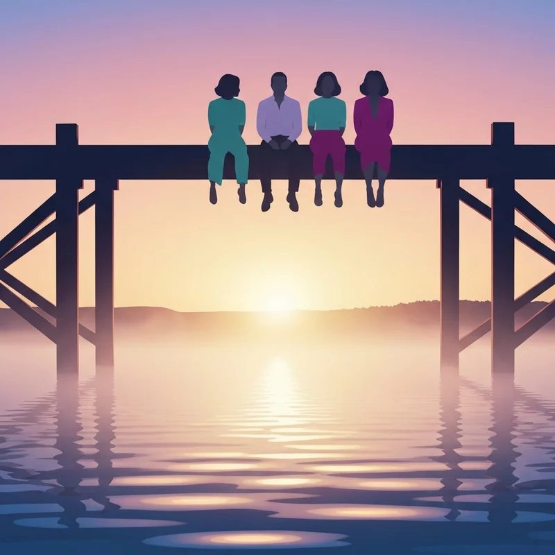 A group of four friends sitting on a pier, reflecting the themes of my friends backman.