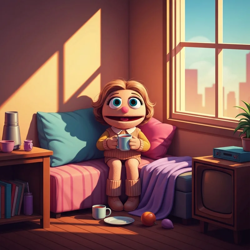 A my friendly neighborhood comforting goblette puppet sitting in a sunlit TV studio corner.