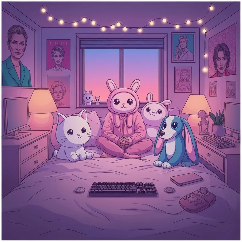 A person in a cozy-core bedroom surrounded by various hello kitty and friends characters names mascots