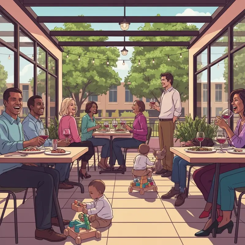 A group of parents enjoying a meal at one of the best family friendly restaurants Atlanta with their children on a sunny patio.