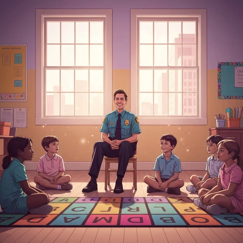 A nostalgic 90s classroom scene depicting the original officer friendly program with children on a rug.