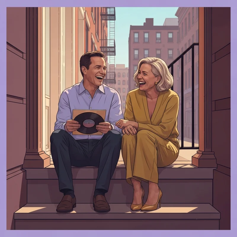 Two friends sitting on a stoop reflecting on the lyrics waiting on a friend meaning.