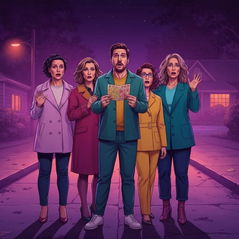 The iconic cursed friends cast in a spooky neon-lit scene from the 2022 horror-comedy movie.