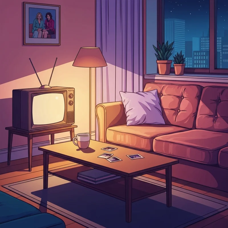 A cozy 90s living room reflecting the comfort felt when you find out who sang the theme song to friends.