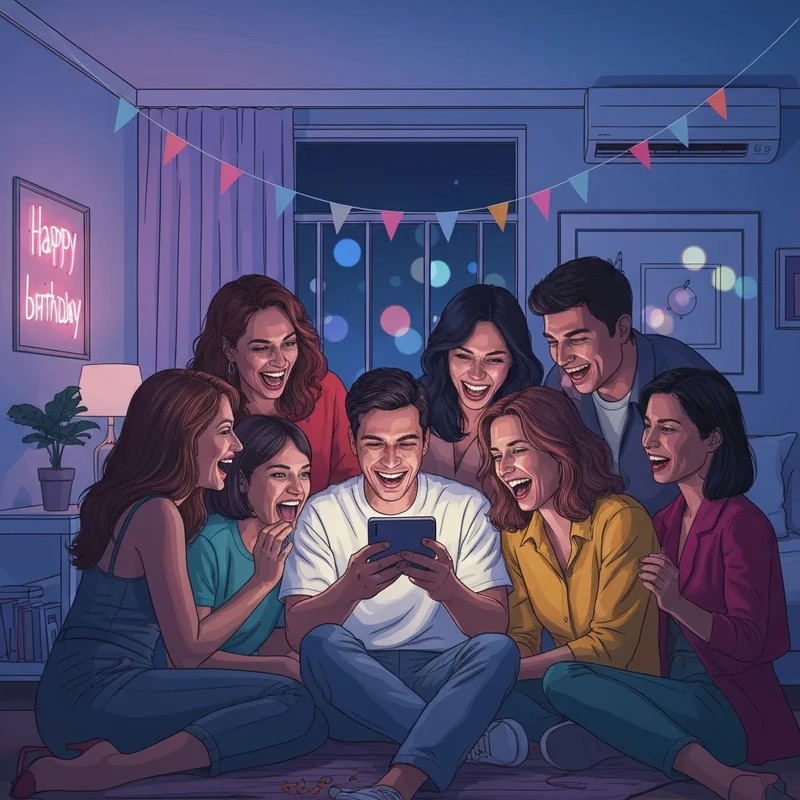 A group of friends laughing at a happy birthday friend meme on a smartphone screen in a modern setting.