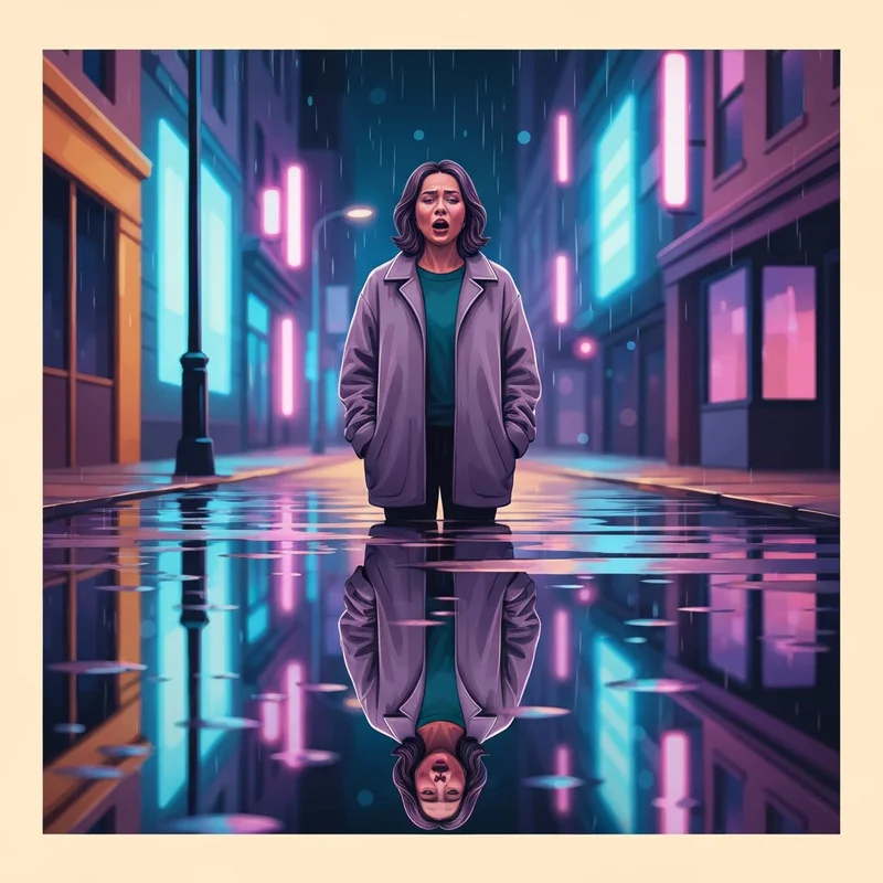 A young woman standing alone in a glowing neon city, reflecting the feeling of sometimes i feel like my only friend.