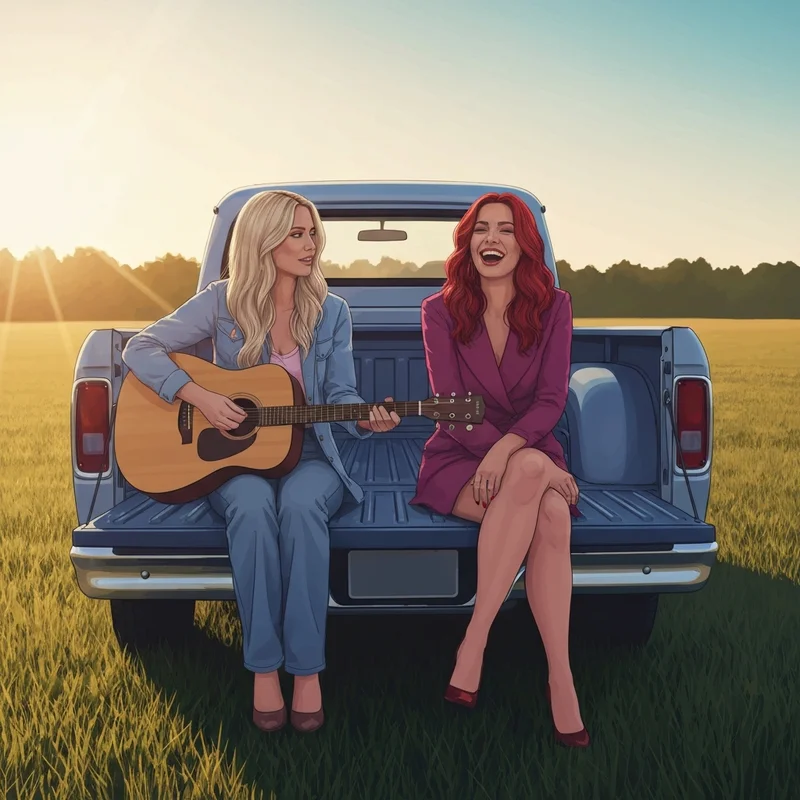 Two young women representing the bond of the taylor swift best friend sitting together in a rural setting during golden hour.
