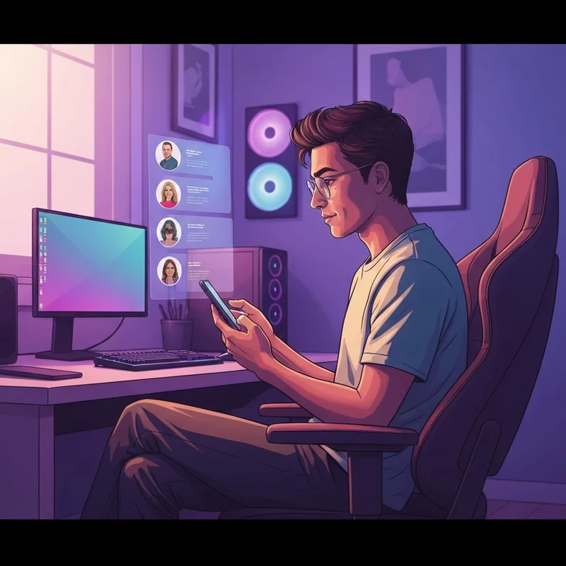 A young adult using their phone to learn how to see my roblox friends through phone number in a neon-lit room.