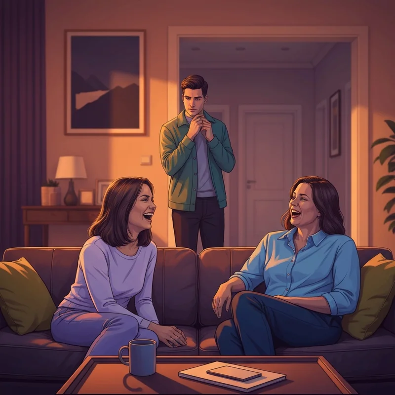 A young man thoughtfully watching his sister and her best friend laughing together, contemplating dating my sister's friend.