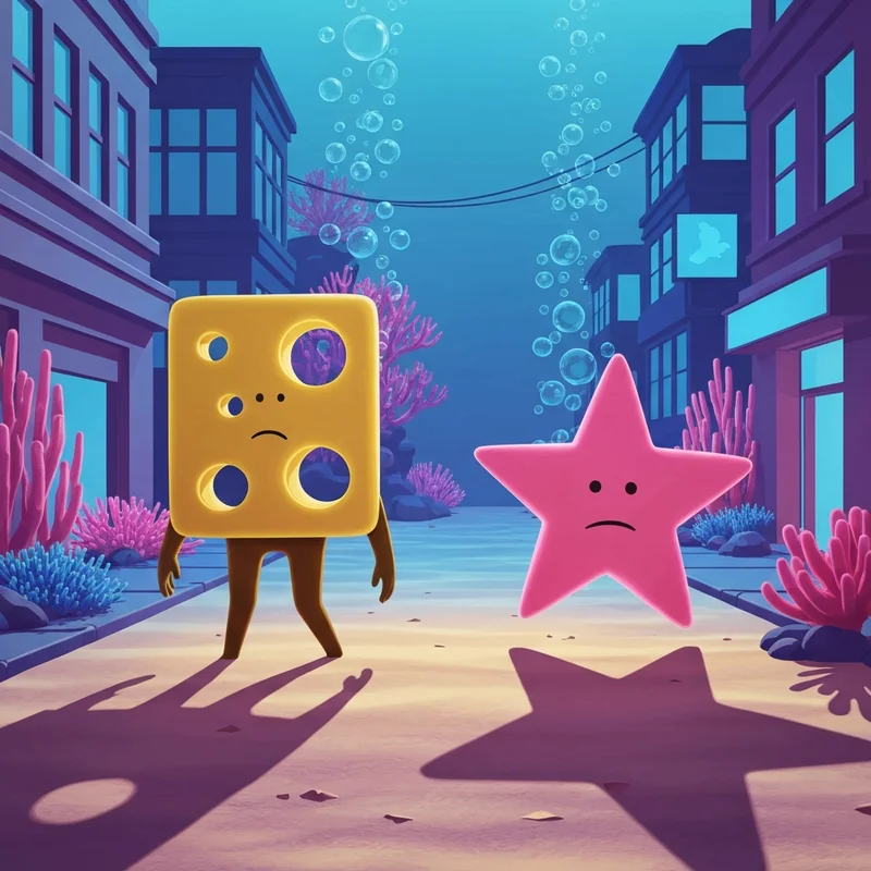 A cinematic representation of the moment spongebob and patrick stop being friends in a glowing underwater city.