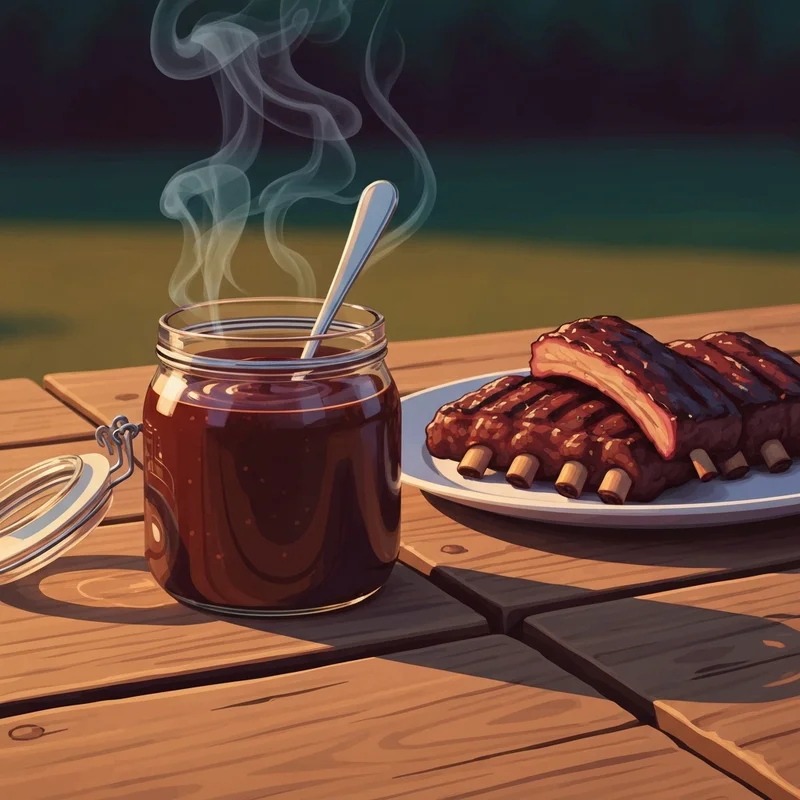 A gourmet bottle of carb friendly bbq sauce next to grilled ribs at a summer backyard party.