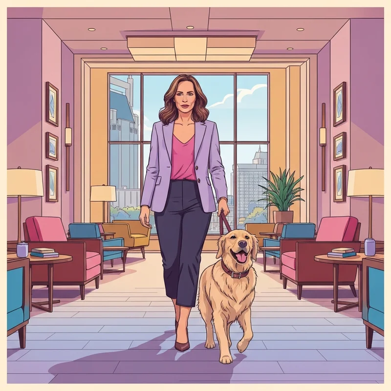 A woman and her dog enjoying the lobby of one of the best nashville dog friendly hotels with a view of the city.