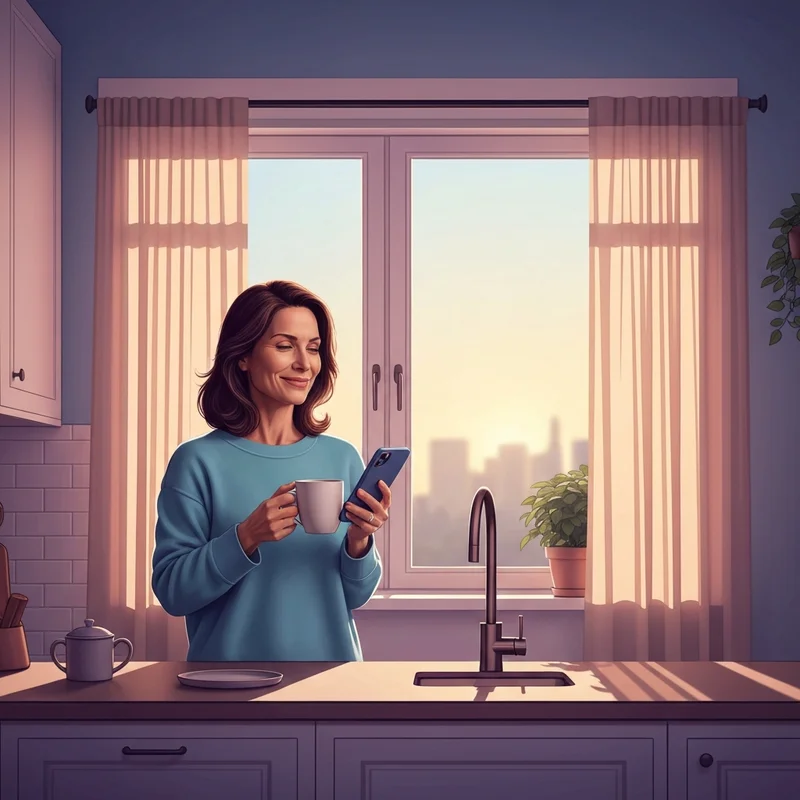 A woman sending a good morning prayer for a friend in a sunlit kitchen.