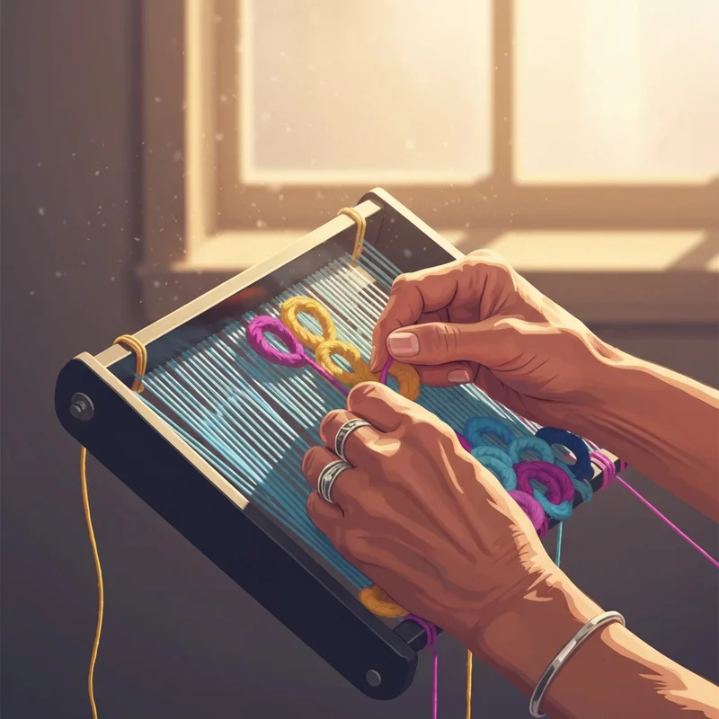 A mature woman using a friendly loom with 100% cotton weaving loops in a sunlit room.