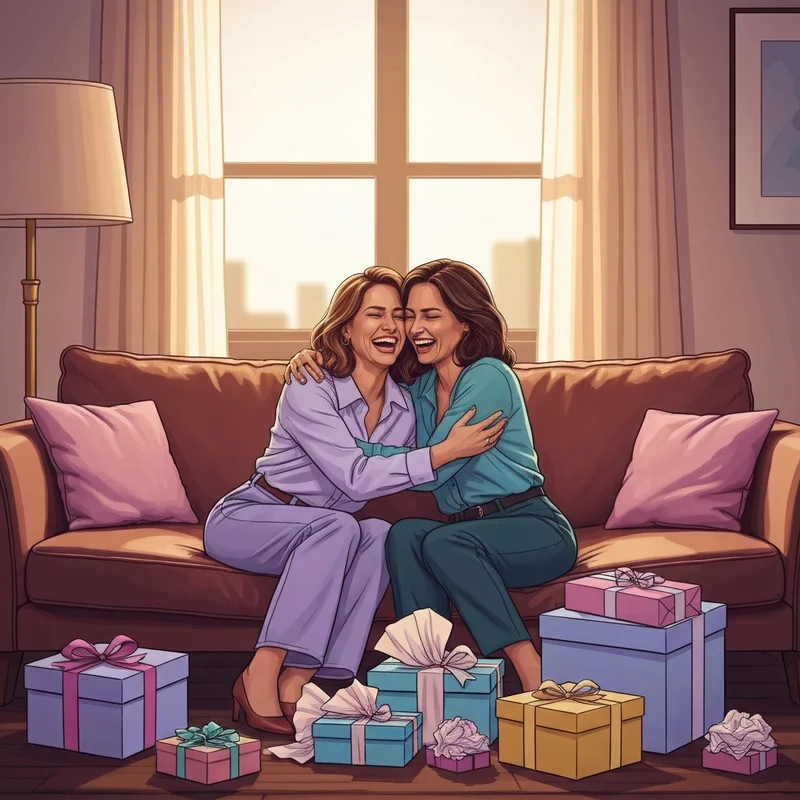 Two young friends laughing while exchanging birthday gift ideas for best friend in a cozy modern apartment.