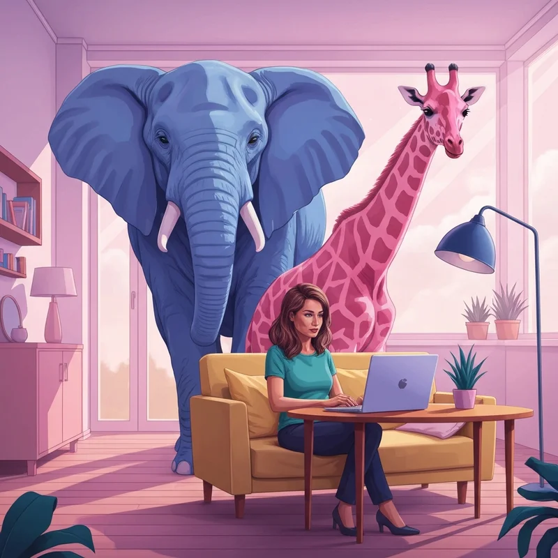 A young woman working in an apartment with a giant blue elephant and pink giraffe from My Big Big Friend standing behind her as supportive companions.