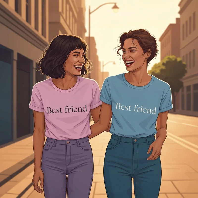 Two best friends laughing in matching best friend t shirt outfits during golden hour.