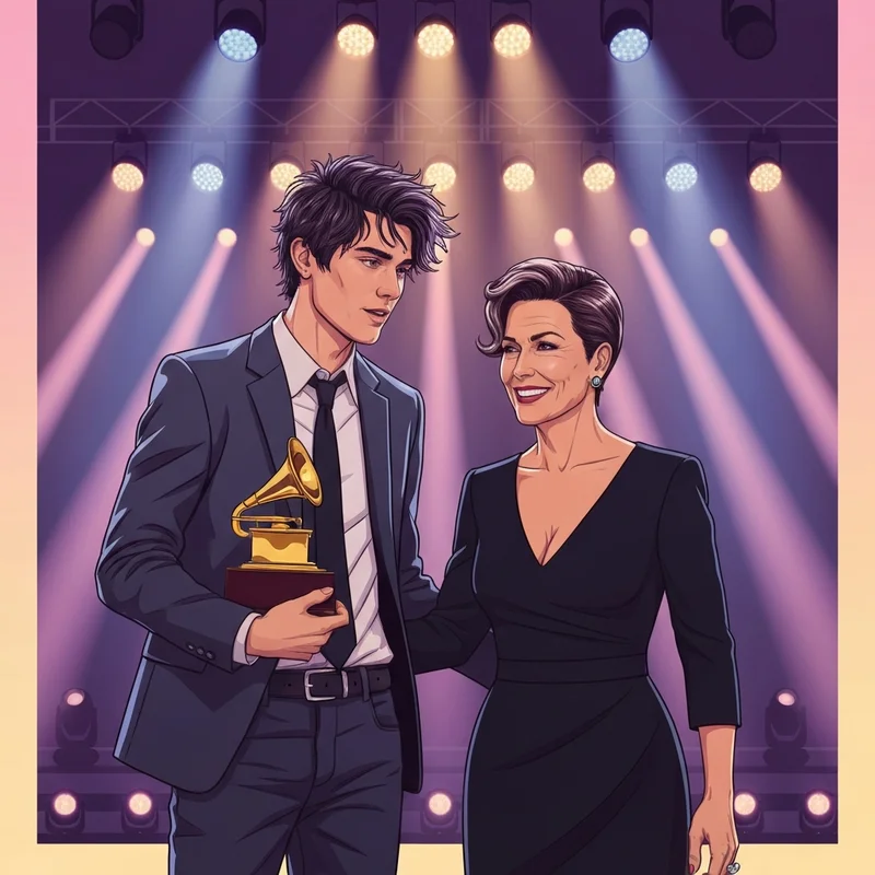 A triumphant moment showing the Yungblud Grammy win on stage during the 2026 ceremony.