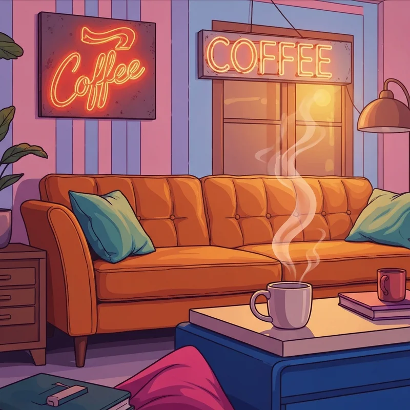 A cozy apartment setting inspired by friends tv show captions with an orange sofa and coffee mug.