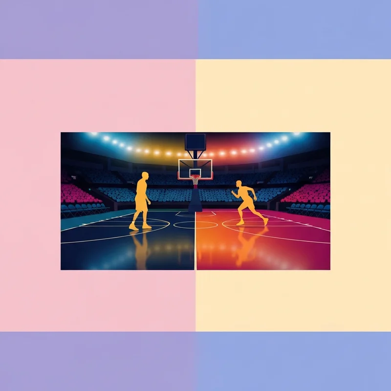 A dramatic visual representation of the nuggets vs thunder basketball rivalry in a modern arena.