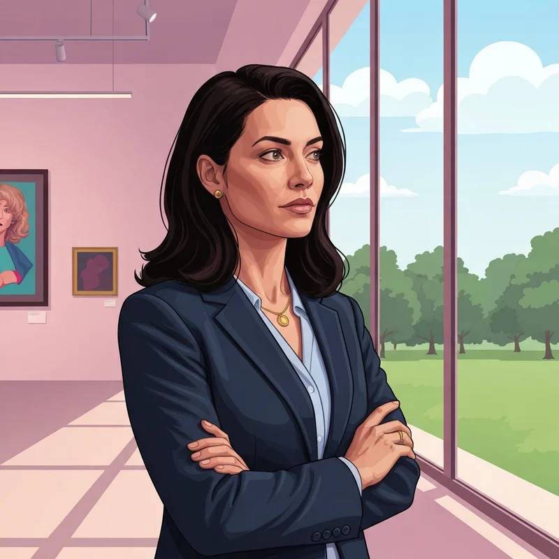 A dignified and resilient Princess Eugenie standing in an art gallery, symbolizing her independence and personal growth.